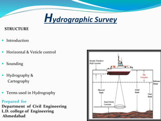 Hydrographic Survey
STRUCTURE
 Introduction
 Horizontal & Veticle control
 Sounding
 Hydrography &
Cartography
 Terms used in Hydrography
Prepared for
Department of Civil Engineering
L.D. college of Engineering
Ahmedabad
 