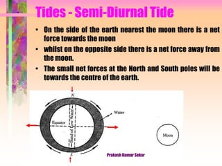 Tides - Semi-Diurnal Tide
• On the side of the earth nearest the moon there is a net
force towards the moon
• whilst on the opposite side there is a net force away from
the moon.
• The small net forces at the North and South poles will be
towards the centre of the earth.
Prakash Kumar Sekar
 