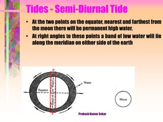 Tides - Semi-Diurnal Tide
• At the two points on the equator, nearest and farthest from
the moon there will be permanent high water.
• At right angles to these points a band of low water will lie
along the meridian on either side of the earth
Prakash Kumar Sekar
 