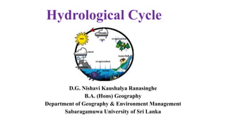 Hydrological Cycle
D.G. Nishavi Kaushalya Ranasinghe
B.A. (Hons) Geography
Department of Geography & Environment Management
Sabaragamuwa University of Sri Lanka
 