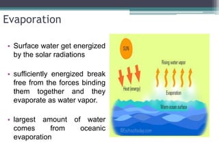 Evaporation
• Surface water get energized
by the solar radiations
• sufficiently energized break
free from the forces binding
them together and they
evaporate as water vapor.
• largest amount of water
comes from oceanic
evaporation
 