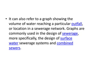 • It can also refer to a graph showing the
volume of water reaching a particular outfall,
or location in a sewerage network. Graphs are
commonly used in the design of sewerage,
more specifically, the design of surface
water sewerage systems and combined
sewers.
 