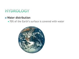HydrologyWater distribution70% of the Earth’s surface is covered with water