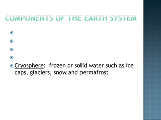 components of the Earth SYSTEMLithosphere:  the solid Earth; landHydrosphere:  the liquid Earth; waterAtmosphere:  the gaseous Earth; air