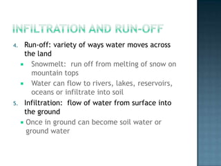 Water appears  in all 3 of its phases at different times during the hydrologic cycleSolidIce, hail, snow, glaciers, ice caps etc.LiquidWater droplets, including clouds, lakes, streams etc.GasWater vapor---------OOOOOOOOO++++++++++++++++++HHHHHHHHHHHHHHHHHHWater Vapor