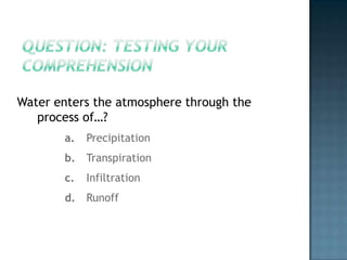 Water can flow to rivers, lakes, reservoirs, oceans or infiltrate into soilInfiltration:  flow of water from surface into the groundOnce in ground can become soil water or ground waterHydrologic Cycle Powered By:&Solar Energy(evaporation) Gravity(precipitation)