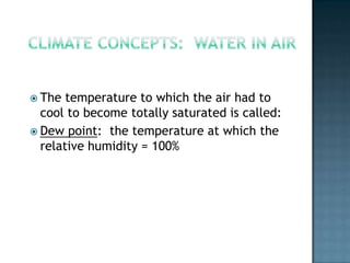 Climate Concepts:  warm or coldWarm air holds more waterCold air holds less water