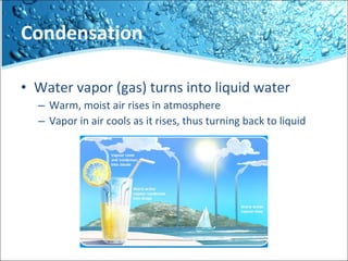Condensation Water vapor (gas) turns into liquid water  Warm, moist air rises in atmosphere Vapor in air cools as it rises, thus turning back to liquid 