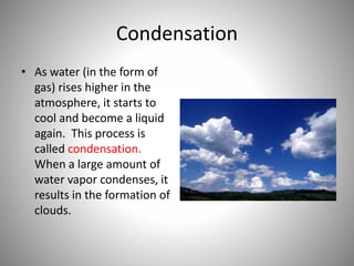 Condensation 
• As water (in the form of 
gas) rises higher in the 
atmosphere, it starts to 
cool and become a liquid 
again. This process is 
called condensation. 
When a large amount of 
water vapor condenses, it 
results in the formation of 
clouds. 
 