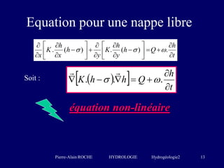 Pierre-Alain ROCHE HYDROLOGIE Hydrogéologie2 13
Equation pour une nappe libre
t
h
Q
h
y
h
K
y
h
x
h
K
x 








...