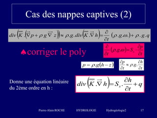Pierre-Alain ROCHE HYDROLOGIE Hydrogéologie2 17
Cas des nappes captives (2)
       q
g
g
t
h
K
div
g
z
g
p
K
div ....