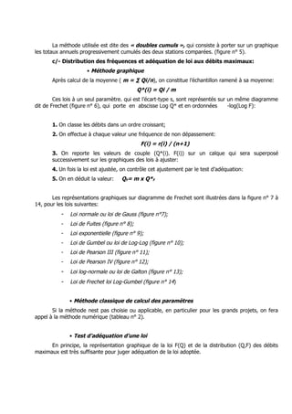 La méthode utilisée est dite des « doubles cumuls », qui consiste à porter sur un graphique
les totaux annuels progressivement cumulés des deux stations comparées. (figure n° 5).
       c/- Distribution des fréquences et adéquation de loi aux débits maximaux:
                      • Méthode graphique
       Après calcul de la moyenne ( m = ∑ Qi/n), on constitue l’échantillon ramené à sa moyenne:
                                             Q*(i) = Qi / m
        Ces lois à un seul paramètre. qui est l’écart-type s, sont représentés sur un même diagramme
dit de Frechet (figure n° 6), qui porte en abscisse Log Q* et en ordonnées         -log(Log F):


       1. On classe les débits dans un ordre croissant;
       2. On effectue à chaque valeur une fréquence de non dépassement:
                                              F(i) = r(i) / (n+1)
       3. On reporte les valeurs de couple (Q*(i). F(i)) sur un calque qui sera superposé
       successivement sur les graphiques des lois à ajuster:
       4. Un fois la loi est ajustée, on contrôle cet ajustement par le test d’adéquation:
       5. On en déduit la valeur:    QF= m x Q*F


       Les représentations graphiques sur diagramme de Frechet sont illustrées dans la figure n° 7 à
14, pour les lois suivantes:
          -   Loi normale ou loi de Gauss (figure n°7);
          -   Loi de Fuites (figure n° 8);
          -   Loi exponentielle (figure n° 9);
          -   Loi de Gumbel ou loi de Log-Log (figure n° 10);
          -   Loi de Pearson III (figure n° 11);
          -   Loi de Pearson IV (figure n° 12);
          -   Loi log-normale ou loi de Galton (figure n° 13);
          -   Loi de Frechet loi Log-Gumbel (figure n° 14)


              • Méthode classique de calcul des paramètres
       Si la méthode nest pas choisie ou applicable, en particulier pour les grands projets, on fera
appel à la méthode numérique (tableau n° 2).


              • Test d’adéquation d’une loi
      En principe, la représentation graphique de la loi F(Q) et de la distribution (Q,F) des débits
maximaux est très suffisante pour juger adéquation de la loi adoptée.
 