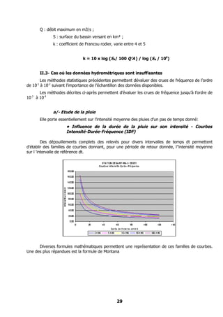 Q : débit maximum en m3/s ;
              S : surface du bassin versant en km² ;
              k : coefficient de Francou rodier, varie entre 4 et 5


                               k = 10 x log (SA/ 100 Q’A ) / log (SA / 108)


       II.3- Cas où les données hydrométriques sont insuffisantes
        Les méthodes statistiques précédentes permettent dévaluer des crues de fréquence de l’ordre
de 10-1 à 10-2 suivant l’importance de l’échantillon des données disponibles.
       Les méthodes décrites ci-après permettent d’évaluer les crues de fréquence jusqu’à l’ordre de
10-3 à 10-4


              a/- Etude de la pluie
       Elle porte essentiellement sur l’intensité moyenne des pluies d’un pas de temps donné:
                     • Influence de la durée de la pluie sur son intensité - Courbes
                     Intensité-Durée-Fréquence (IDF)

         Des dépouillements complets des relevés pour divers intervalles de temps dt permettent
d'établir des familles de courbes donnant, pour une période de retour donnée, l’'intensité moyenne
sur l 'intervalle de référence dt.




      Diverses formules mathématiques permettent une représentation de ces familles de courbes.
Une des plus répandues est la formule de Montana




                                                  29
 