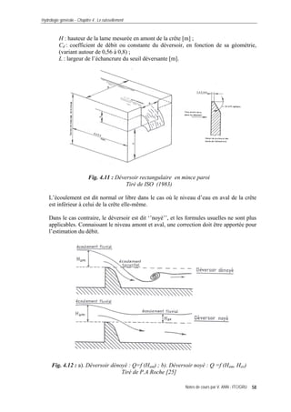 Hydrologie générale - Chapitre 4 : Le ruissellement
Notes de cours par V. ANN - ITC/GRU 58
H : hauteur de la lame mesurée en amont de la crête [m] ;
Cd : coefficient de débit ou constante du déversoir, en fonction de sa géométrie,
(variant autour de 0,56 à 0,8) ;
L : largeur de l’échancrure du seuil déversante [m].
Fig. 4.11 : Déversoir rectangulaire en mince paroi
Tiré de ISO (1983)
L’écoulement est dit normal or libre dans le cas où le niveau d’eau en aval de la crête
est inférieur à celui de la crête elle-même.
Dans le cas contraire, le déversoir est dit ‘’noyé’’, et les formules usuelles ne sont plus
applicables. Connaissant le niveau amont et aval, une correction doit être apportée pour
l’estimation du débit.
Fig. 4.12 : a). Déversoir dénoyé : Q=f (Ham) ; b). Déversoir noyé : Q =f (Ham, Hav)
Tiré de P.A Roche [25]
 