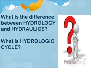 What is the difference
between HYDROLOGY
and HYDRAULICS?
What is HYDROLOGIC
CYCLE?
 