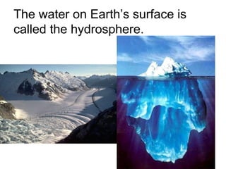 The water on Earth’s surface is
called the hydrosphere.

 