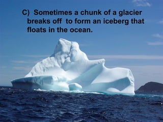 C) Sometimes a chunk of a glacier
breaks off to form an iceberg that
floats in the ocean.

 