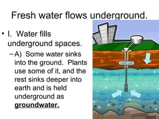 Fresh water flows underground.
• I. Water fills
underground spaces.
– A) Some water sinks
into the ground. Plants
use some of it, and the
rest sinks deeper into
earth and is held
underground as
groundwater.

 