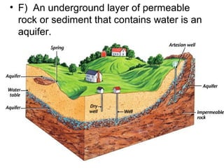 • F) An underground layer of permeable
rock or sediment that contains water is an
aquifer.

 