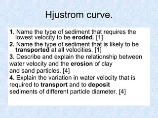 Hjustrom curve. 1.  Name the type of sediment that requires the lowest velocity to be  eroded . [1] 2.  Name the type of sediment that is likely to be  transported  at all velocities. [1] 3.  Describe and explain the relationship between  water velocity and the  erosion  of clay and sand particles. [4] 4.  Explain the variation in water velocity that is  required to  transport  and to  deposit sediments of different particle diameter. [4] 
