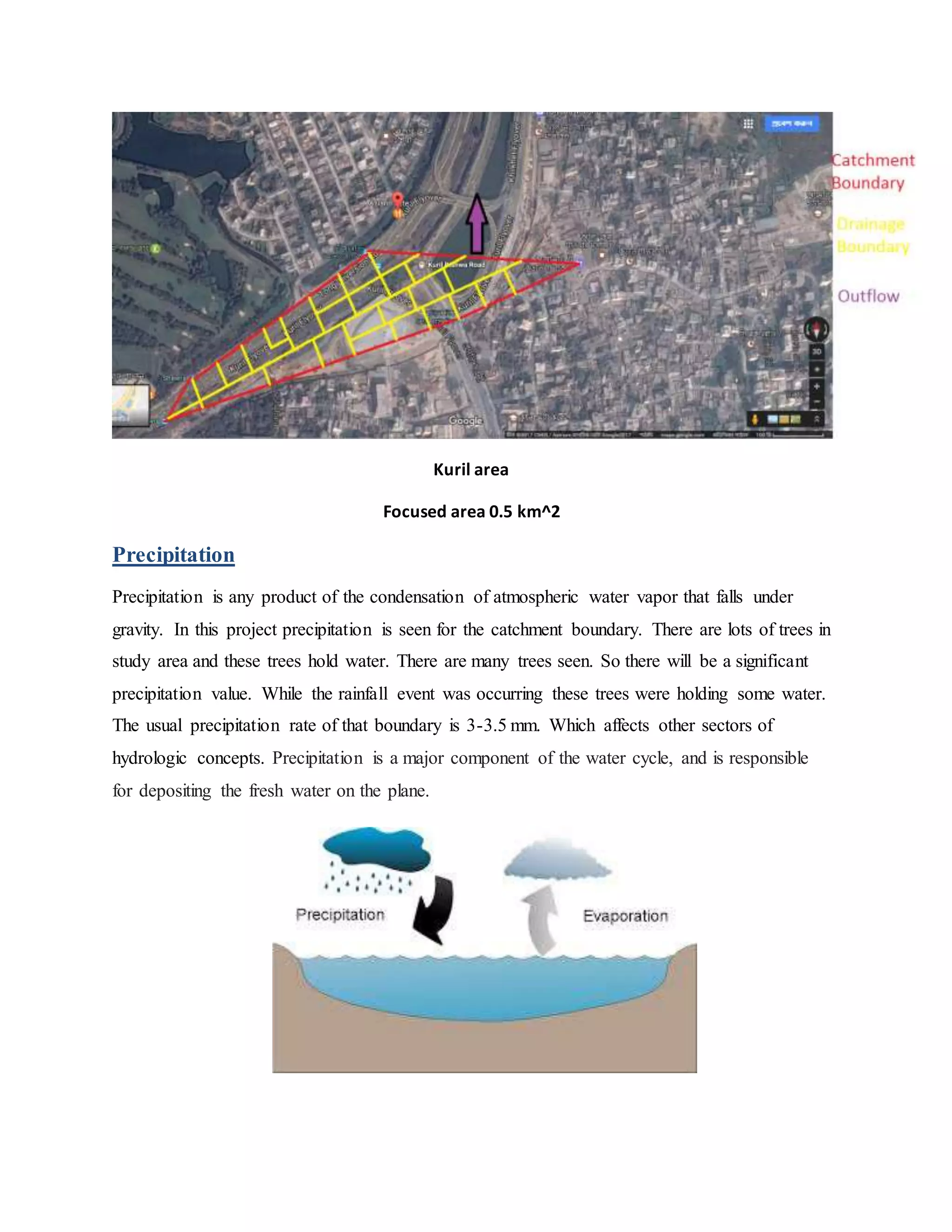 Kuril area
Focused area 0.5 km^2
Precipitation
Precipitation is any product of the condensation of atmospheric water vapor that falls under
gravity. In this project precipitation is seen for the catchment boundary. There are lots of trees in
study area and these trees hold water. There are many trees seen. So there will be a significant
precipitation value. While the rainfall event was occurring these trees were holding some water.
The usual precipitation rate of that boundary is 3-3.5 mm. Which affects other sectors of
hydrologic concepts. Precipitation is a major component of the water cycle, and is responsible
for depositing the fresh water on the plane.
 