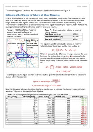 Catchment Hydrology – Practical 2 Report Cobain Schofield
5 | Page
The table in Appendix C1 shows the calculations used to work out inflow for Figure 4.
Estimating the Change in Volume of Chew Reservoir
In order to test whether or not the reservoir meets safety regulations, the volume of the reservoir at base
level must be known. Firstly, the surface area of the reservoir needed to be calculated at OS map base
height and at the next highest contour line. The surface area was calculated in the same way as the
catchment area and the areas of each shape were added together (see Figure 5 below). Table 7 shows the
given parameters relating to estimating reservoir change in volume.
The equation used to work out the change in reservoir
volume between base level and the next contour is:
∆V = (
H
3
) ∗ (A1 + A2 + √A1 ∗ A2)
Where H is equal to the difference in height between the base
level and the next contour (m), and A1 & A2 are equal to the
surface area of the reservoir at base level and next contour
levels, respectively. Therefore, the equation can be populated
as:
∆V = (
0.6
3
) ∗ (53100 + 82700 + √53100 ∗ 82700
∆V = 121240.45m3
The change in volume figure can now be divided by H to give the volume of water per meter of water level
change within the reservoir:
V per m of water height =
121240.45
1.8
V per m of water height = 67355.80m3
Now that this value is known, the inflow discharge can be used to estimate the change in reservoir height
with time. This data is displayed in Table 8 below.
Table 8 – Calculating the change in reservoir level throughout the M10,000 storm
Time (hours) Inflow Q (m3
/s) Delta V (m3
) Delta H (m) Elevation (m)
0 0.25 891.00 0.01 488.20
1 0.97 3504.60 0.05 488.25
2 3.24 11651.04 0.17 488.43
3 7.14 25701.12 0.38 488.81
4 11.70 42122.52 0.63 489.43
5 14.14 50893.56 0.76 490.19
6 13.27 47754.36 0.71 490.90
7 9.82 35358.12 0.52 491.42
8 5.78 20815.92 0.31 491.73
9 2.46 8846.64 0.13 491.86
10 0.74 2673.00 0.04 491.90
11 0.18 653.40 0.01 491.91
12 0.00 0.00 0.00 491.91
Table 7 – Given parameters relating to reservoir
volume changes
Resr Base Level (m) 488.20
Resr next contour (m) 490.00
Resr wall height (m) 491.02
Figure 5 – OS Map of Chew Reservoir
showing base-level surface area
measurement sectors and the base-level
reservoir perimeter
Reservoir perimeter Surface area
measurement
sectors
 