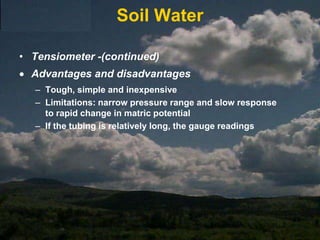 LysimeterA device to measure the quantity or rate of downward water movement through a block of soil usually undisturbed, or to collect such percolated water for analysis as to quality. Defined as:A small unit of soil on which water balance values can be obtained.Lysimeters account for change in water storage