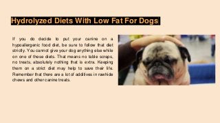 Hydrolyzed Diets With Low Fat For Dogs
If you do decide to put your canine on a
hypoallergenic food diet, be sure to follow that diet
strictly. You cannot give your dog anything else while
on one of these diets. That means no table scraps,
no treats, absolutely nothing that is extra. Keeping
them on a strict diet may help to save their life.
Remember that there are a lot of additives in rawhide
chews and other canine treats.
 