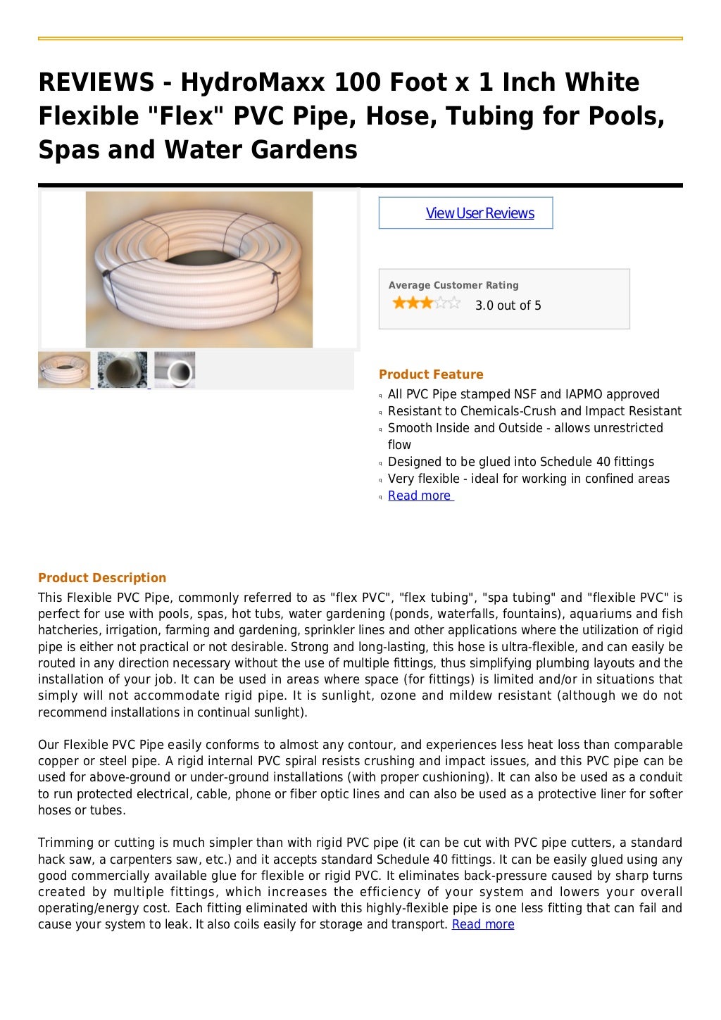 Hydro maxx 100 foot x 1 inch white flexible flex pvc pipe, hose, tubing for pools, spas and