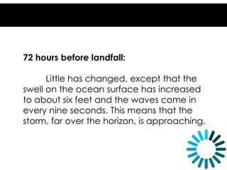 72 hours before landfall:
Little has changed, except that the
swell on the ocean surface has increased
to about six feet and the waves come in
every nine seconds. This means that the
storm, far over the horizon, is approaching.
 