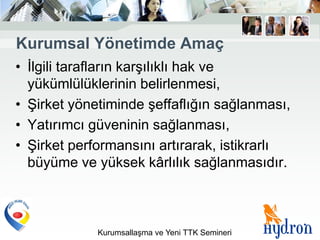 Kurumsal Yönetimde Amaç
• İlgili tarafların karşılıklı hak ve
  yükümlülüklerinin belirlenmesi,
• Şirket yönetiminde şeffaflığın sağlanması,
• Yatırımcı güveninin sağlanması,
• Şirket performansını artırarak, istikrarlı
  büyüme ve yüksek kârlılık sağlanmasıdır.



             Kurumsallaşma ve Yeni TTK Semineri
 
