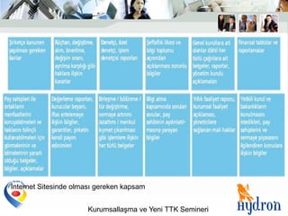 Internet Sitesinde olması gereken kapsam


                      Kurumsallaşma ve Yeni TTK Semineri
 