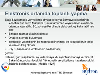 Elektronik ortamda toplantı yapma
Esas Sözleşmede yer verilmiş olması kaydıyla Sermaye şirketlerinde
   Yönetim Kurulu ve Müdürler Kurulu tamamen veya kısmen elektronik
   ortamda yapılabilir. Sözkonusu Kurullarda elektronik oy kullanabilmek
   için ;
• Şirketin internet sitesinin olması
• Ortağın istemde bulunması
• Teknolojik yeterliliğinin bir raporla belirlenmesi ve iş bu raporun tescil
   ve ilan edilmiş olması
• -Oy Kullananların kimliklerinin saklanması,
gerekir.
Katılma, görüş açıklama, oy kullanmaya vb. ayrıntıları Sanayi ve Ticaret
   Bakanlığınca çıkarılacak bir Yönetmelik ve şirketlerce hazırlanacak bir
   Tüzükle belirlenecektir. (Madde 1527)


                     Kurumsallaşma ve Yeni TTK Semineri
 
