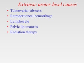 Extrinsic ureter-level causes
• Tuboovarian abscess
• Retroperitoneal hemorrhage
• Lymphocele
• Pelvic lipomatosis
• Radiation therapy
 