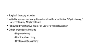 • Surgical therapy includes
• Initial temporary urinary diversion - Urethral catheter / Cystostomy /
Ureterostomy / Nephrostomy
• Followed by definitive repair of uretero vesical junction
• Other procedures include
- Nephrectomy
- Heminephrectomy
- Ureteroureterostomy
 
