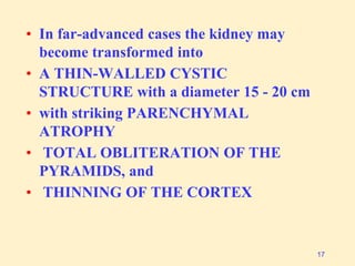 • In far-advanced cases the kidney may
become transformed into
• A THIN-WALLED CYSTIC
STRUCTURE with a diameter 15 - 20 cm
• with striking PARENCHYMAL
ATROPHY
• TOTAL OBLITERATION OF THE
PYRAMIDS, and
• THINNING OF THE CORTEX
17
 