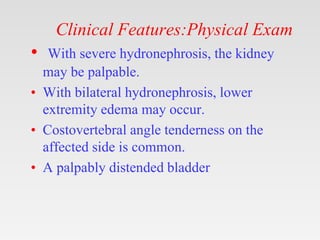 Clinical Features:Physical Exam
• With severe hydronephrosis, the kidney
may be palpable.
• With bilateral hydronephrosis, lower
extremity edema may occur.
• Costovertebral angle tenderness on the
affected side is common.
• A palpably distended bladder
 