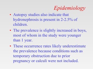 Epidemiology
• Autopsy studies also indicate that
hydronephrosis is present in 2-2.5% of
children.
• The prevalence is slightly increased in boys,
most of whom in the study were younger
than 1 year.
• These occurrence rates likely underestimate
the prevalence because conditions such as
temporary obstruction due to prior
pregnancy or calculi were not included.
 