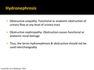  Obstructive uropathy: Functional or anatomic obstruction of
urinary flow at any level of urinary tract
 Obstructive nephropathy: Obstruction causes functional or
anatomic renal damage
 Thus, the terms hydronephrosis & obstruction should not be
used interchangeably
Lusaya DG, et al. Medscape. 2015.
 