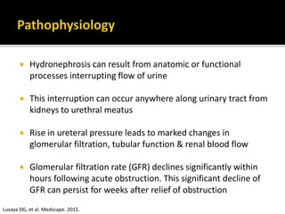  Hydronephrosis can result from anatomic or functional
processes interrupting flow of urine
 This interruption can occur anywhere along urinary tract from
kidneys to urethral meatus
 Rise in ureteral pressure leads to marked changes in
glomerular filtration, tubular function & renal blood flow
 Glomerular filtration rate (GFR) declines significantly within
hours following acute obstruction. This significant decline of
GFR can persist for weeks after relief of obstruction
Lusaya DG, et al. Medscape. 2015.
 