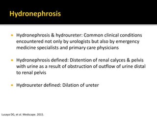  Hydronephrosis & hydroureter: Common clinical conditions
encountered not only by urologists but also by emergency
medicine specialists and primary care physicians
 Hydronephrosis defined: Distention of renal calyces & pelvis
with urine as a result of obstruction of outflow of urine distal
to renal pelvis
 Hydroureter defined: Dilation of ureter
Lusaya DG, et al. Medscape. 2015.
 