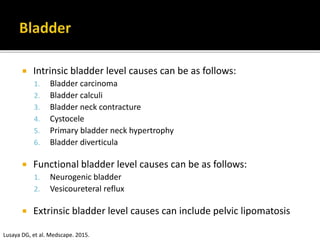  Intrinsic bladder level causes can be as follows:
1. Bladder carcinoma
2. Bladder calculi
3. Bladder neck contracture
4. Cystocele
5. Primary bladder neck hypertrophy
6. Bladder diverticula
 Functional bladder level causes can be as follows:
1. Neurogenic bladder
2. Vesicoureteral reflux
 Extrinsic bladder level causes can include pelvic lipomatosis
Lusaya DG, et al. Medscape. 2015.
 