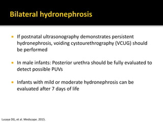  If postnatal ultrasonography demonstrates persistent
hydronephrosis, voiding cystourethrography (VCUG) should
be performed
 In male infants: Posterior urethra should be fully evaluated to
detect possible PUVs
 Infants with mild or moderate hydronephrosis can be
evaluated after 7 days of life
Lusaya DG, et al. Medscape. 2015.
 