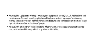 • Multicystic Dysplastic Kidney - Multicystic dysplastic kidney MCDK represents the
most severe form of renal dysplasia and is characterized by a nonfunctioning
kidney that is devoid of normal renal architecture and composed of multiple large
cysts that resemble a cluster of grapes
• About 20% of children with unilateral MCDK will have vesicoureteral reflux into
the contralateral kidney, which is grades I-III in 96%.
 