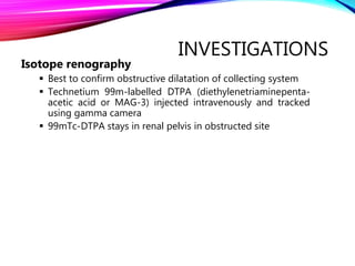 INVESTIGATIONS
Isotope renography
 Best to confirm obstructive dilatation of collecting system
 Technetium 99m-labelled DTPA (diethylenetriaminepenta-
acetic acid or MAG-3) injected intravenously and tracked
using gamma camera
 99mTc-DTPA stays in renal pelvis in obstructed site
 