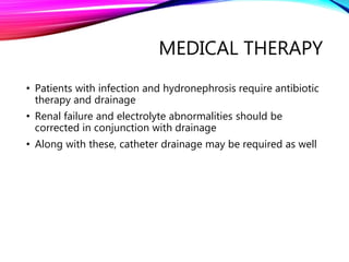 MEDICAL THERAPY
• Patients with infection and hydronephrosis require antibiotic
therapy and drainage
• Renal failure and electrolyte abnormalities should be
corrected in conjunction with drainage
• Along with these, catheter drainage may be required as well
 