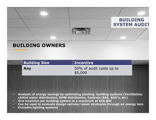 BUILDING OWNERS
BUILDING
SYSTEM AUDIT
• Analysis of energy savings by optimizing existing building systems (Ventilation,
chilled water distribution, DHW distribution, Controls/BAS, AHU’s, etc)
• One incentive per building system to a maximum of $50,000
• Can be used to evaluate design options/repair strategies through an energy lens
• Excludes lighting systems
Building Size Incentive
Any 50% of audit costs up to
$5,000
 