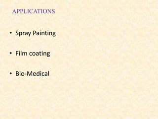 APPLICATIONS
• Spray Painting
• Film coating
• Bio-Medical
 