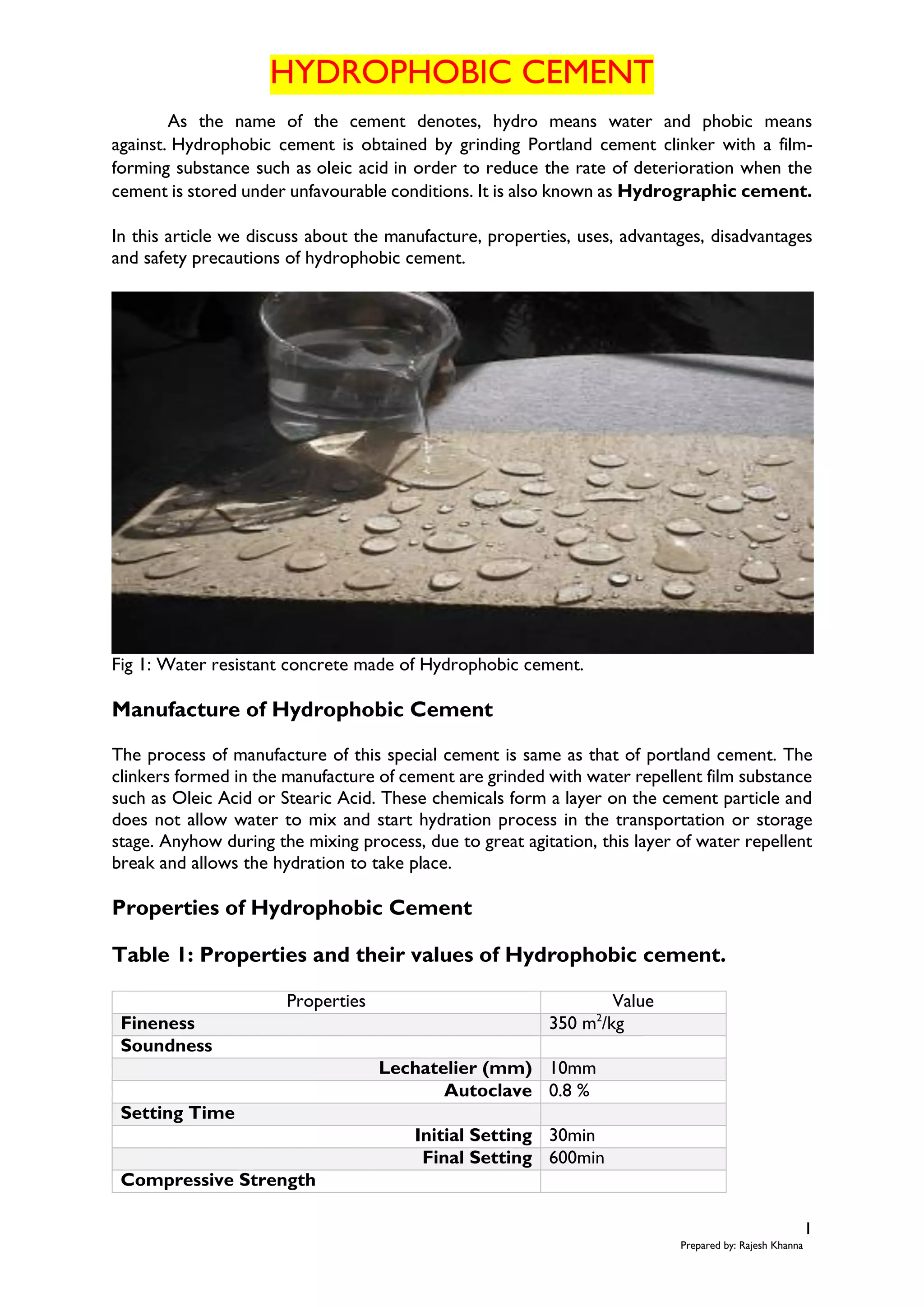 Hydrophobic Concrete Reference: Hydrophobic Cement 1
