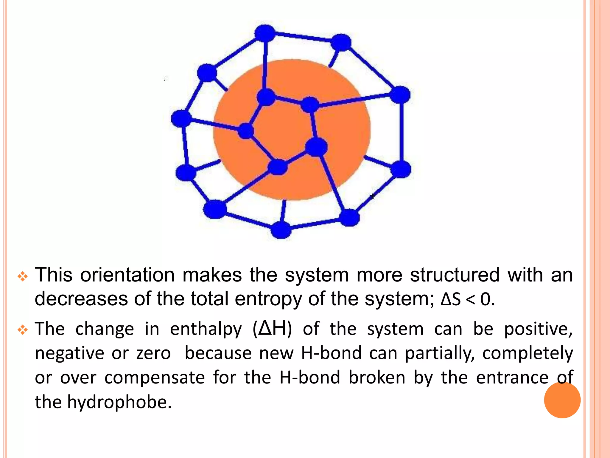  This orientation makes the system more structured with an
decreases of the total entropy of the system; ΔS < 0.
 The change in enthalpy (ΔH) of the system can be positive,
negative or zero because new H-bond can partially, completely
or over compensate for the H-bond broken by the entrance of
the hydrophobe.
 